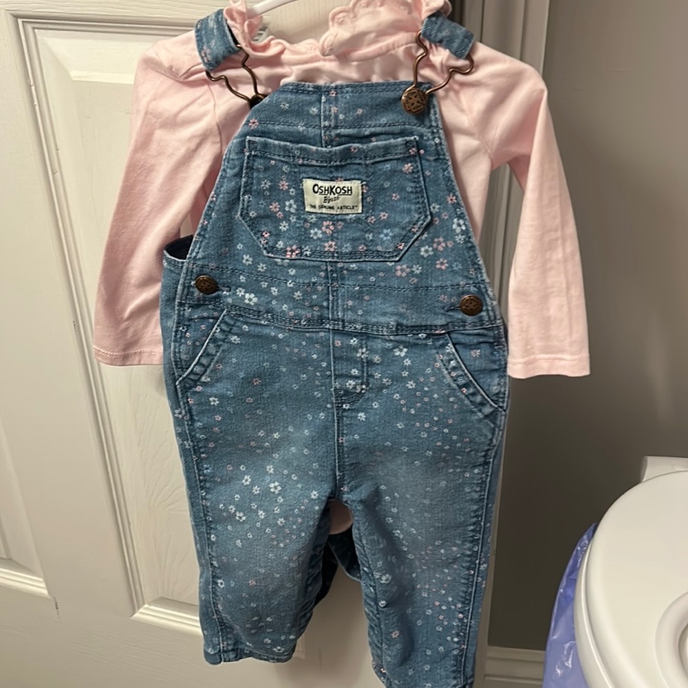 Baby girl denim overalls + pink collared shirt